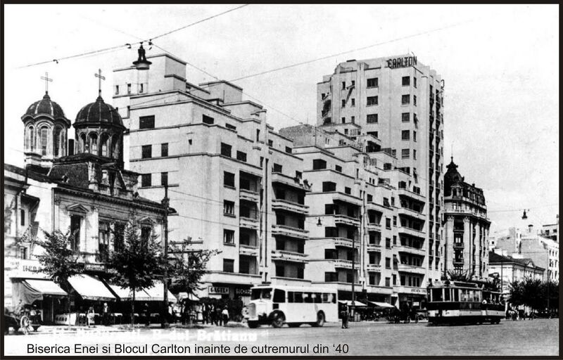 File:1939 B-dul I.C. Bratianu (acum cunoscut ca si Magheru) cu Biserica Enei(actualmente demolata) si Blocul Carlton(s-a prabusit la cutremurul din 1940 )..jpg