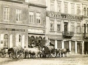 1856 Podul Mogoșoaiei - Casa Ghica cu magazinul - Jobin, magazinul Knappe. Sacagii Baer.jpg