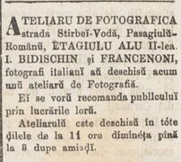 "Atelieru de Fotografica" I. Bidischin si Francenoni 1872