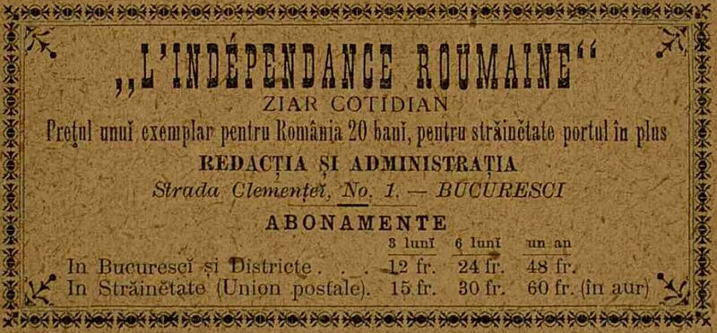 File:L'Independance Roumaine, ziar Anuarul Bucurescilor pe anul 1889.jpg